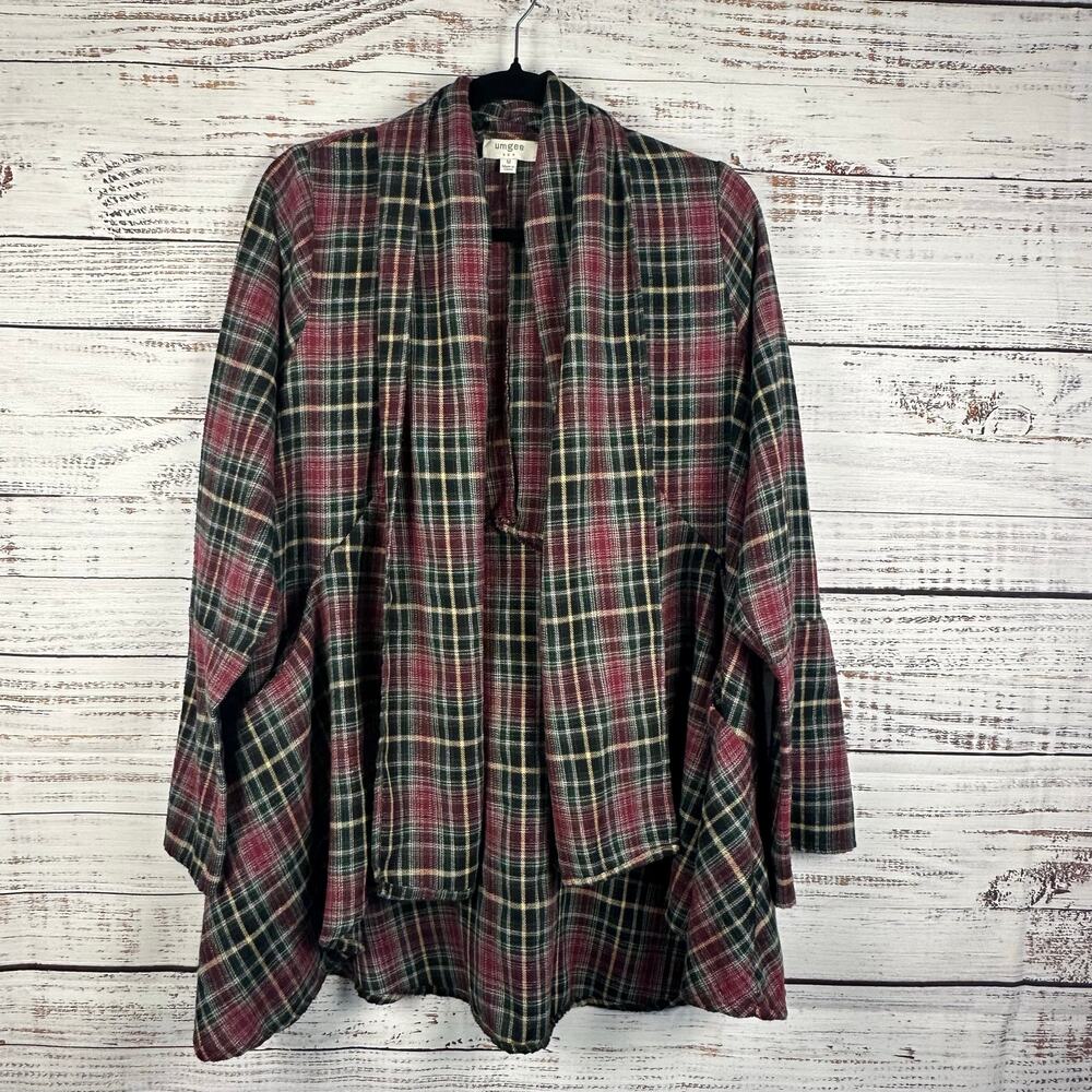 Umgee Green Cream Red Plaid Lightweight Flannel Open Flowy Cardigan Womens Sz M